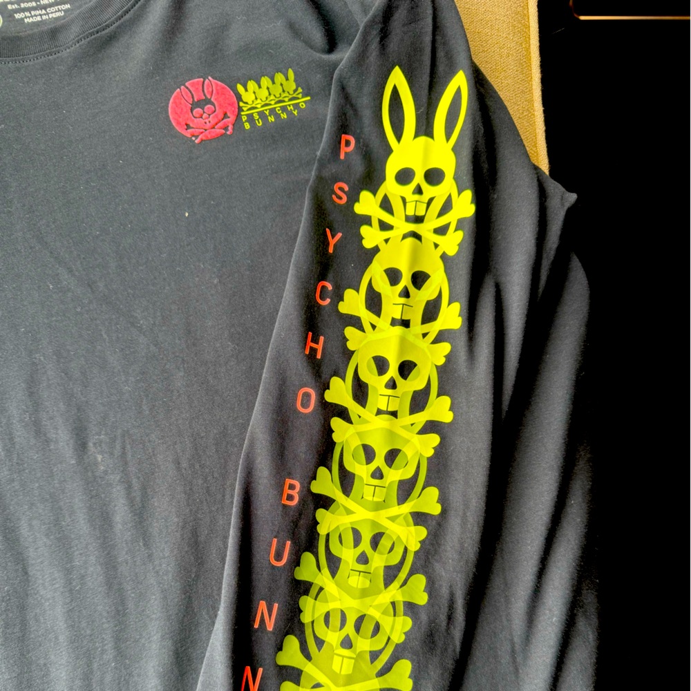 Psycho Bunny Black and Red Long Sleeve Tee with Neon Sleeve Text